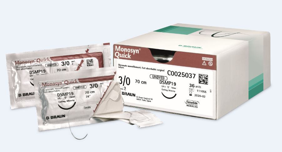 MONOSYN QUICK безбарвний, розмір USP 3/0 (2) довжина 70см колюча голка 1/2 кола, довжина (мм) 22, пакування DDP